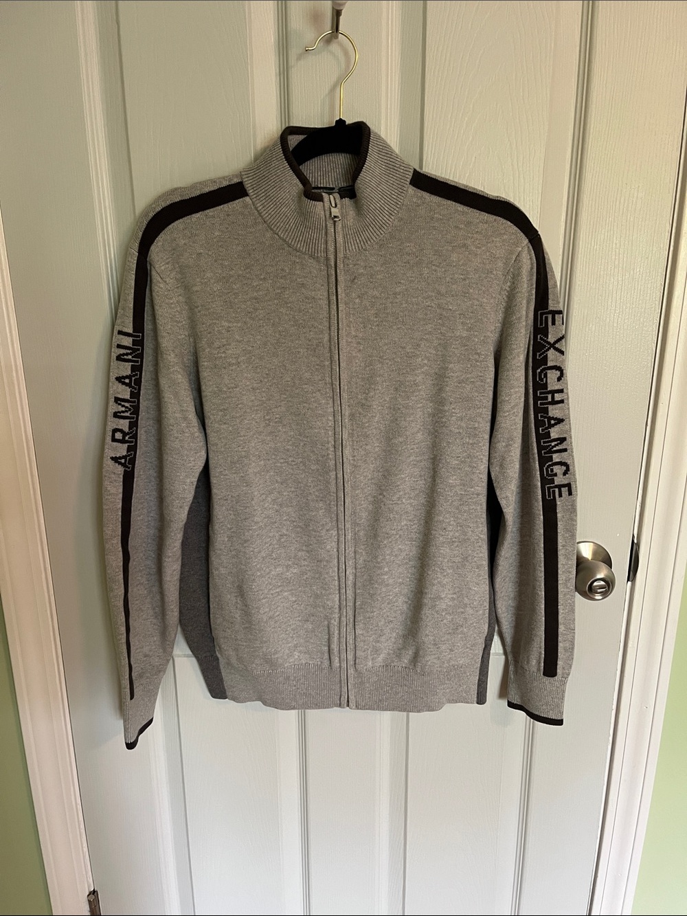 Armani Exchange Light Gray Zip-Up Knit Sweater with Dark Stripe Sleeve Branding